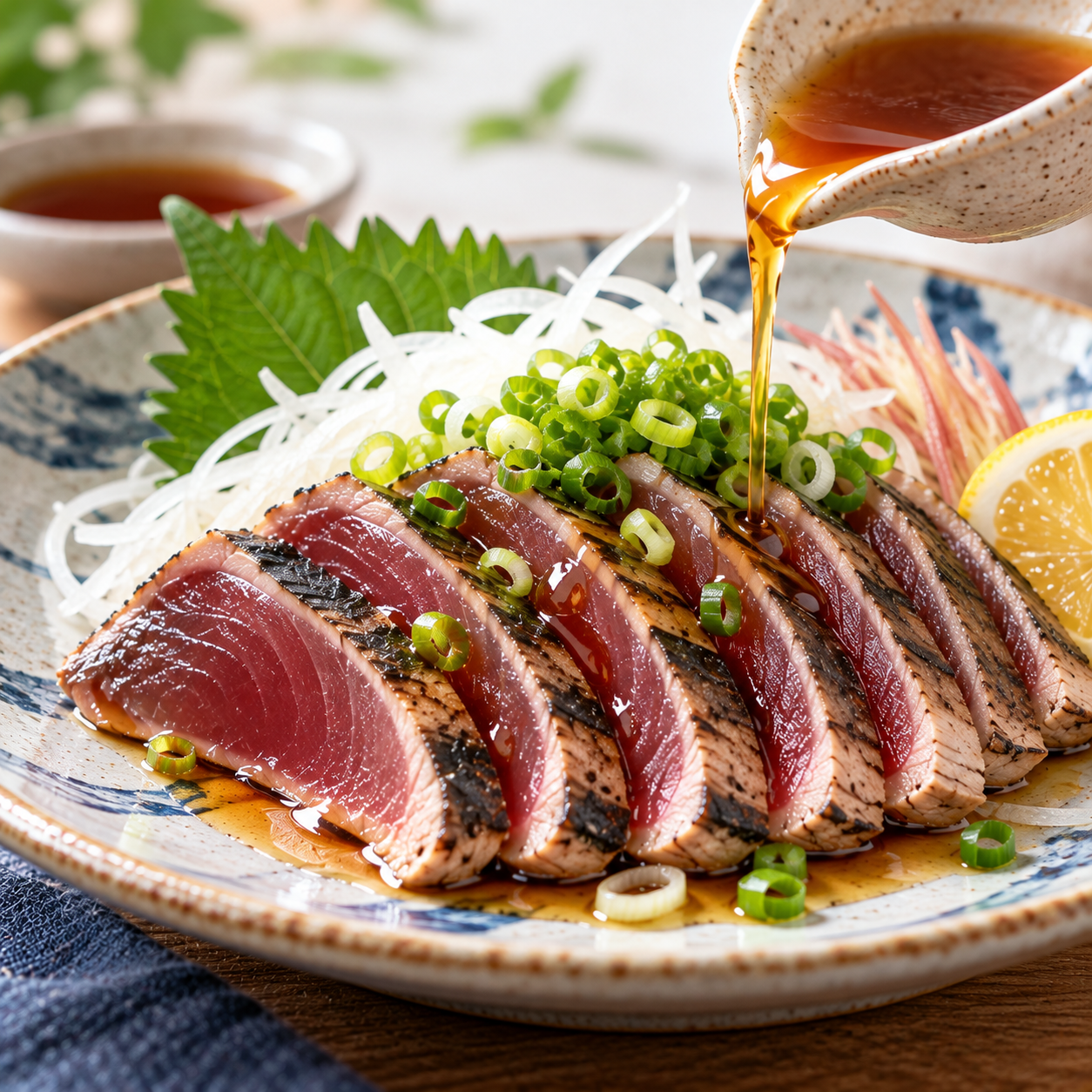 日式鰹魚半敲燒切片搭配洋蔥絲、蔥花與柚子醋醬汁，呈現清爽開胃的日式海鮮料理。
