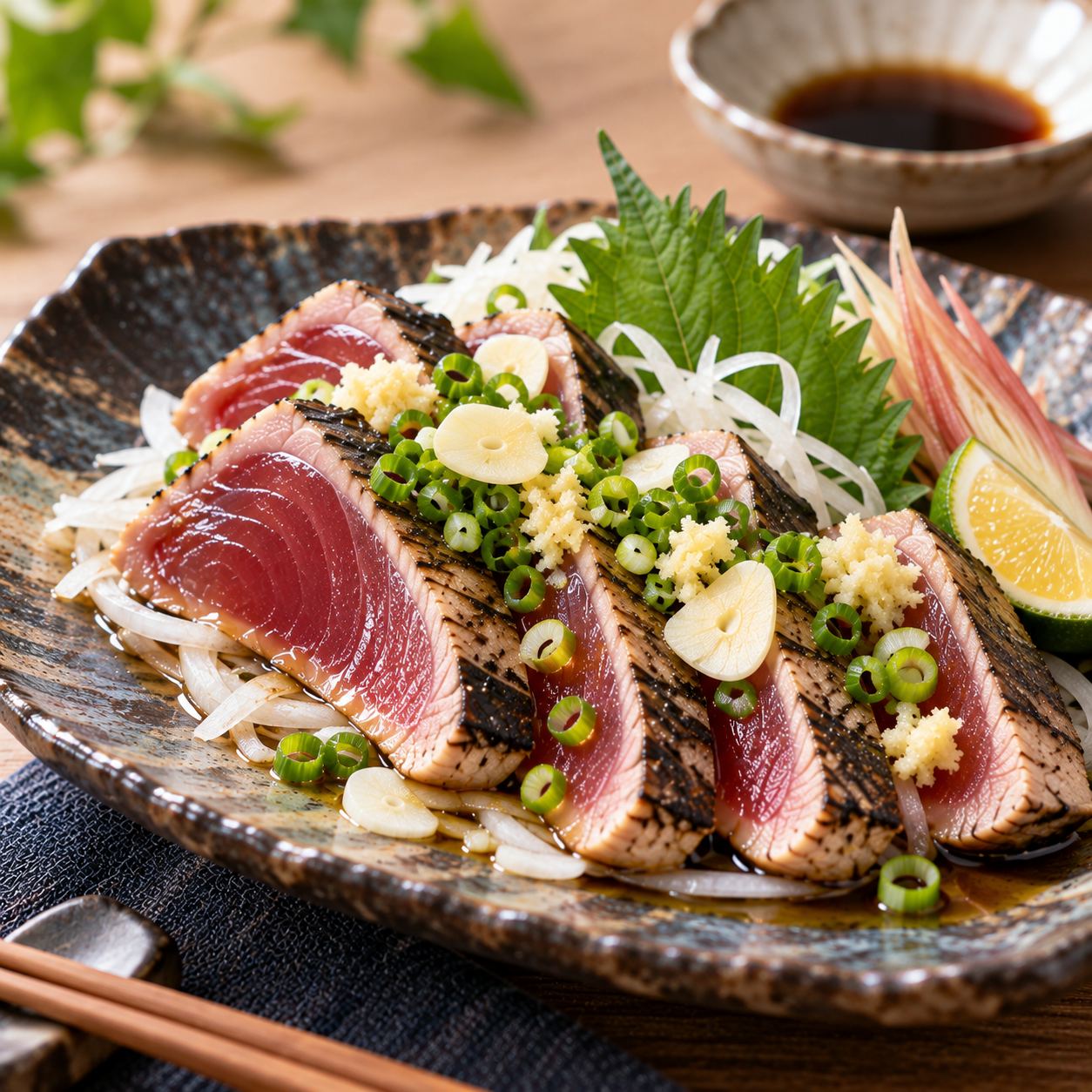 日式鰹魚半敲燒切片搭配蒜片、蔥花、薑末與洋蔥絲，淋上醬汁，呈現香氣豐富的日式海鮮料理。