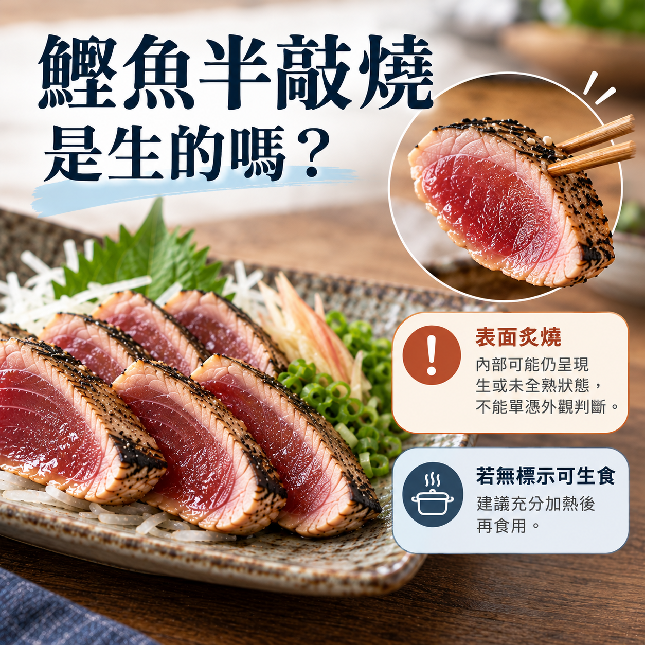 鰹魚半敲燒生熟度介紹圖，展示外層炙燒、內部呈粉紅色的鰹魚切片，說明半敲燒不一定代表可以直接生食。