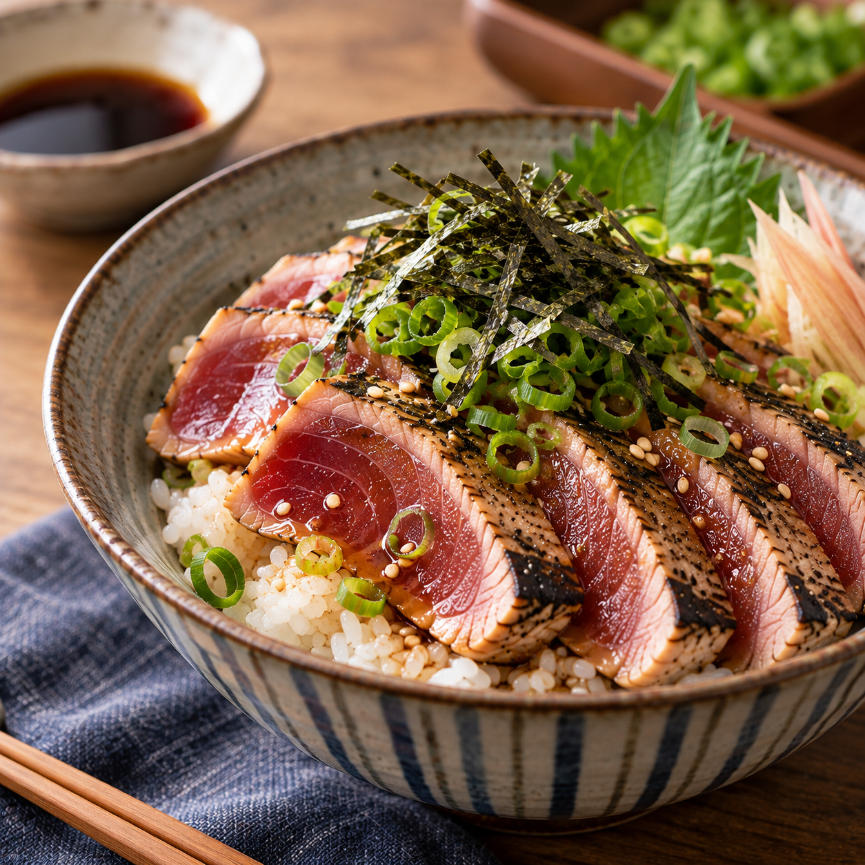 日式鰹魚半敲燒切片鋪在白飯上，搭配海苔絲、蔥花與白芝麻，淋上醬油，製成香氣十足的鰹魚半敲燒丼飯。