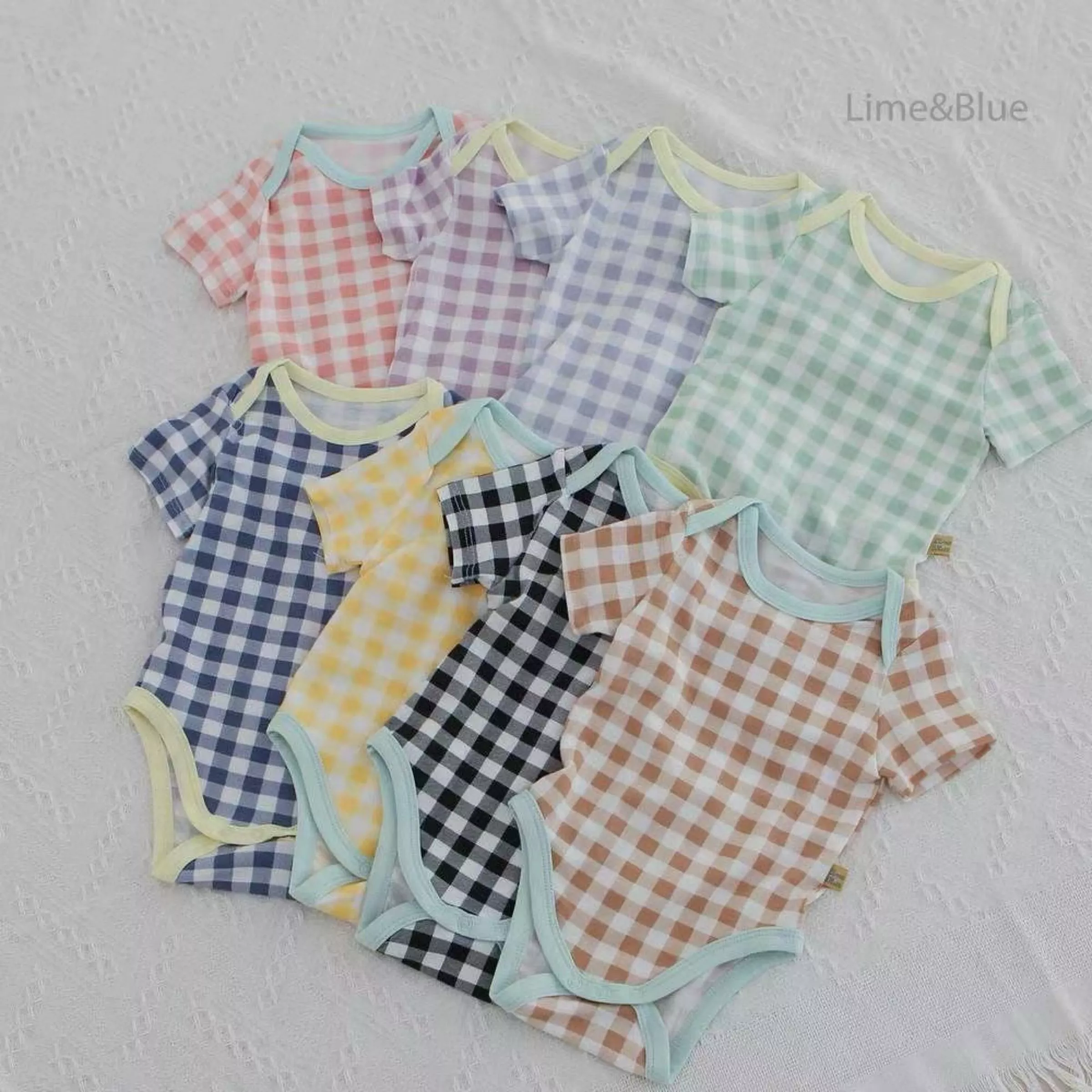 Lime＆Blue夏日新生兒格子包屁衣