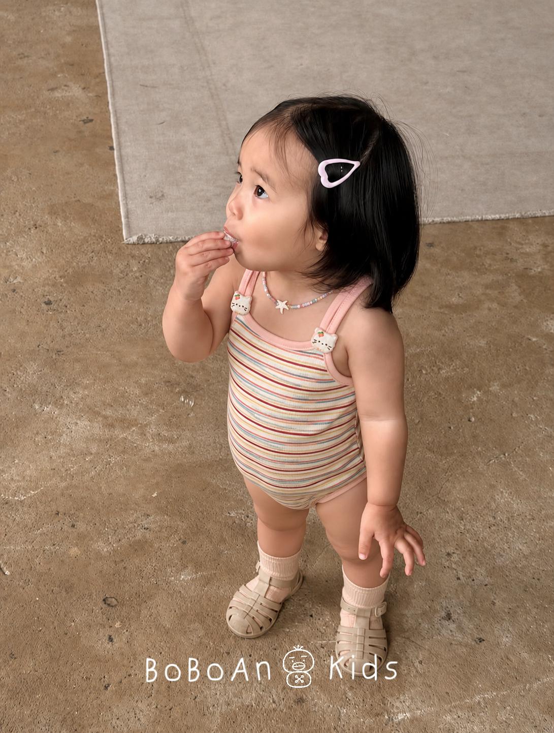 春夏無袖吊帶條紋立體小貓包屁衣