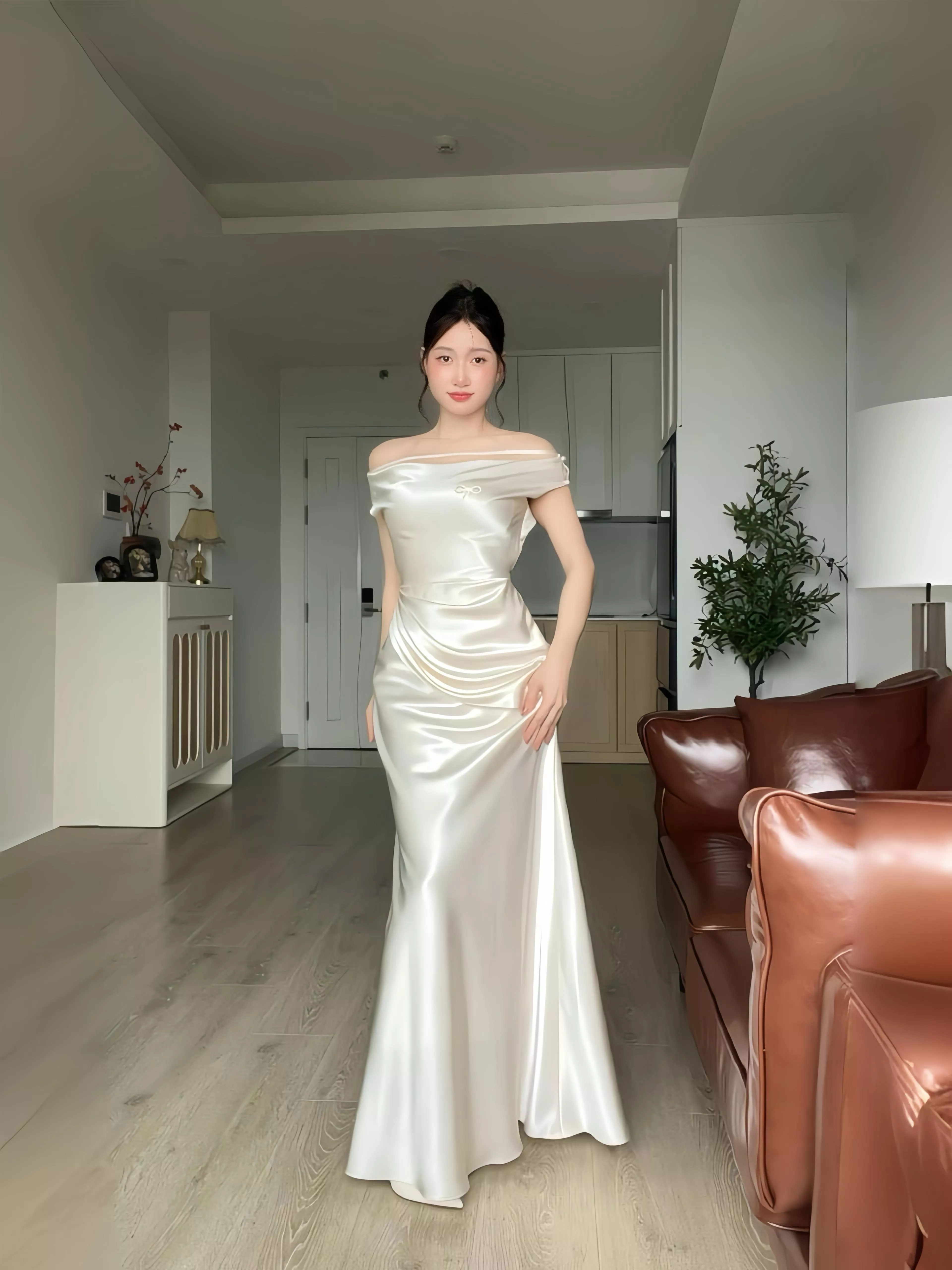 Velvet Lua Dress ㄧ字肩緞（簡約款）