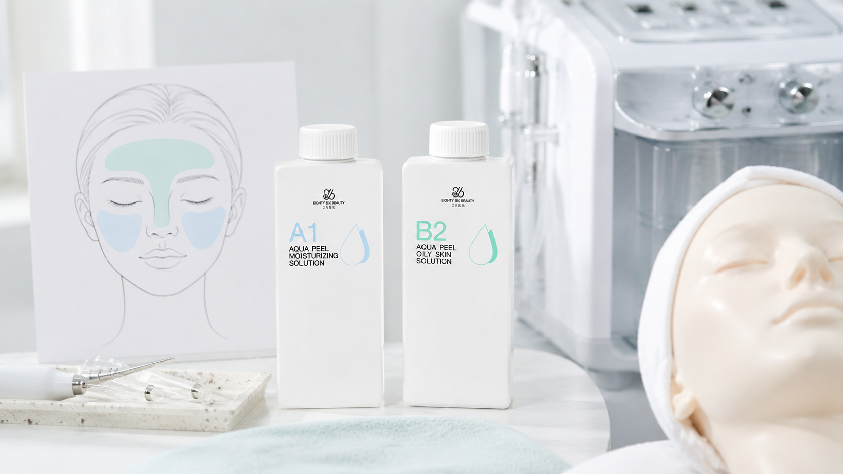 86美妝|水飛梭 Aqua Peel 設備與護理溶液 86美妝水飛梭設備與 Aqua Peel A1 保濕、B2 油性肌膚護理溶液展示