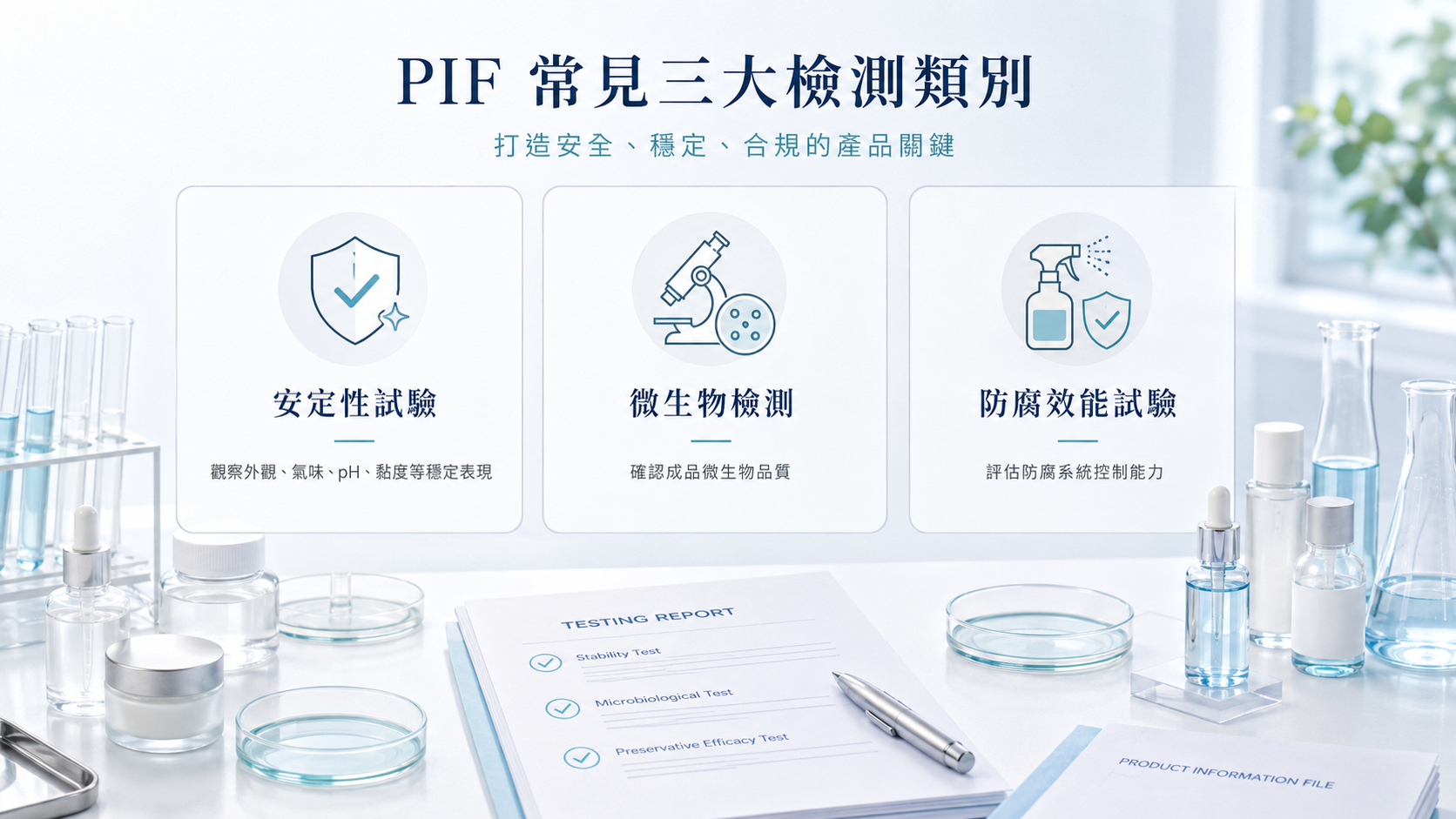 86美妝化粧品PIF常見檢測項目示意，包括安定性試驗、微生物檢測與防腐效能試驗