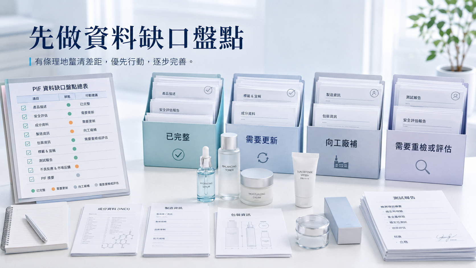 86美妝PIF資料缺口盤點示意，將產品資訊分為已完整、需要更新、向工廠補件及需要重新檢測或評估等狀態