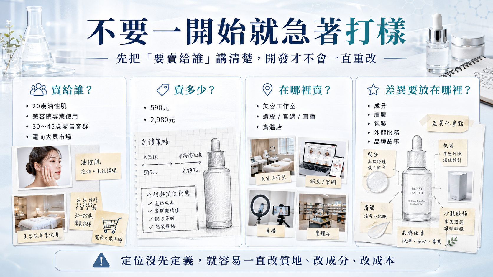 86美妝保養品開發定位示意，整理產品目標客群、售價、銷售通路與差異化方向，避免未確認市場定位就直接打樣