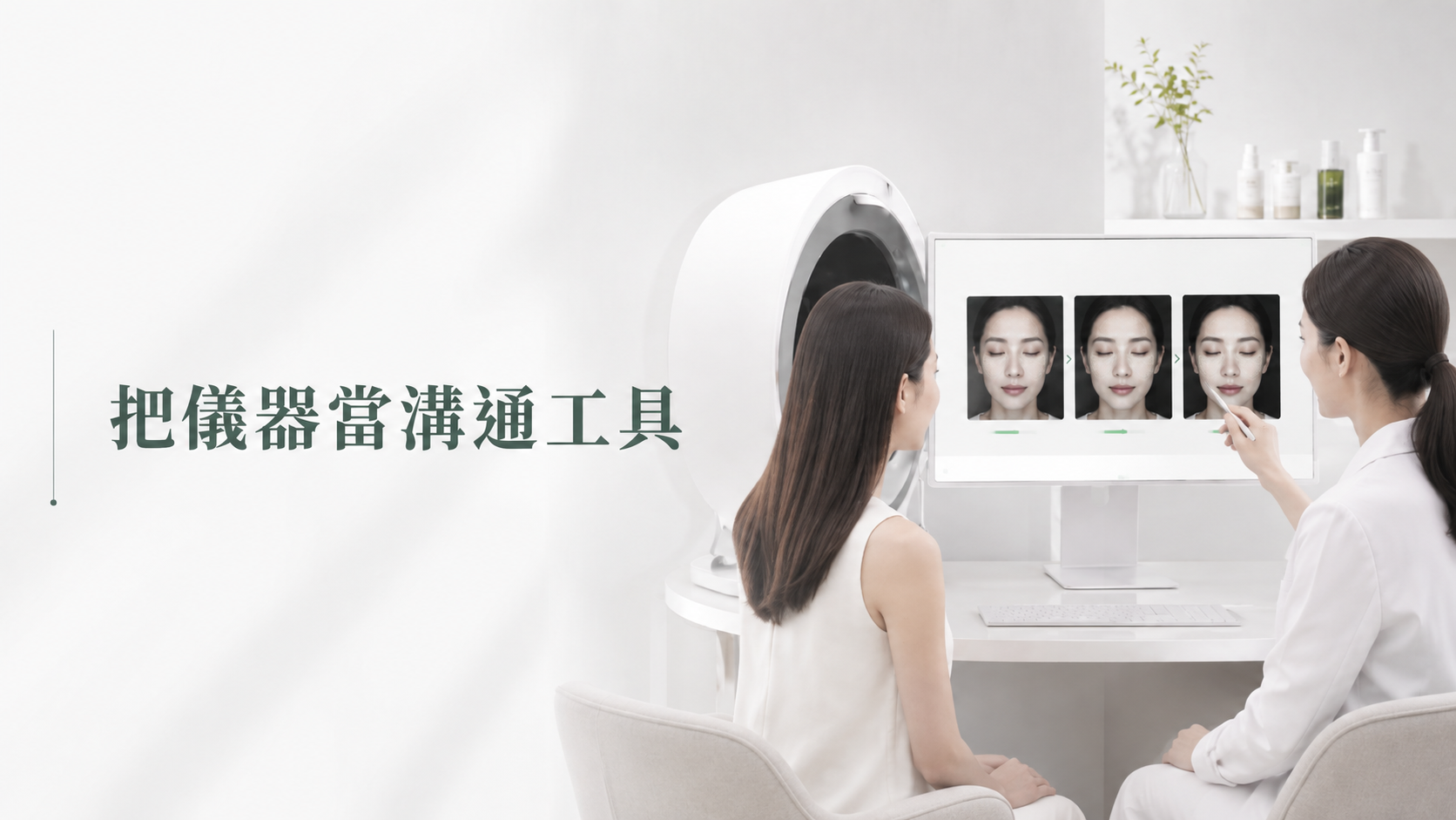 86美妝肌膚檢測諮詢示意，透過美容儀器與影像分析協助說明膚況，將檢測設備作為顧客溝通工具