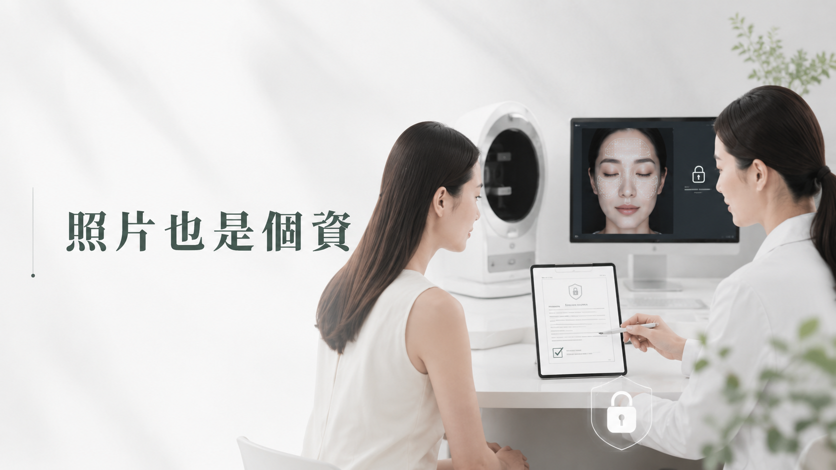 86美妝肌膚檢測個資管理示意，臉部照片與檢測影像涉及個人資料，蒐集、保存與使用時應重視資料保護