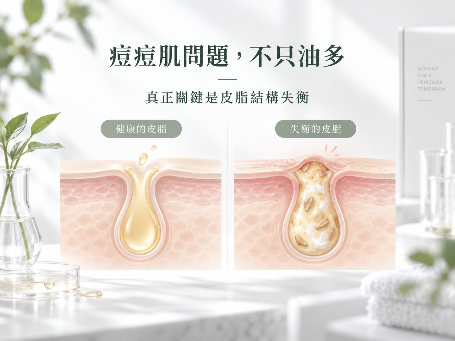 86美妝痘痘肌皮脂結構示意，對比健康皮脂與失衡皮脂狀態，說明痘痘肌問題不只是出油量多，也與皮脂結構失衡有關