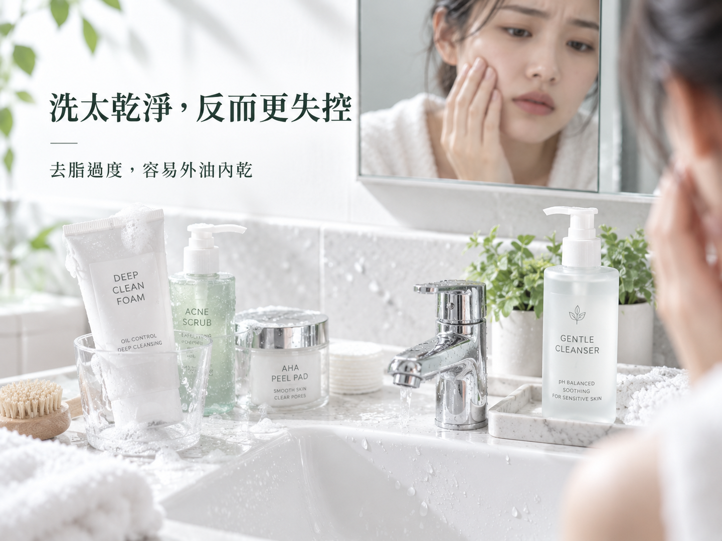 86美妝痘痘肌清潔示意，女性洗臉後感到肌膚乾燥不適，說明過度去脂與過度清潔可能造成外油內乾，反而讓膚況更不穩定