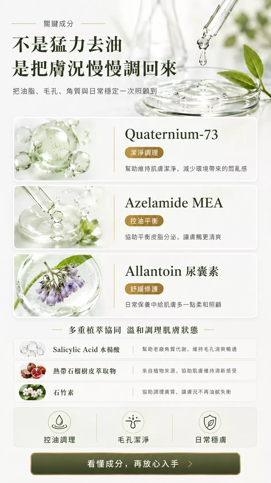 淨肌平衡精華液成分介紹，包含 Quaternium-73、Azelamide MEA、尿囊素、水楊酸等保養成分，適合油性肌日常清爽保養。