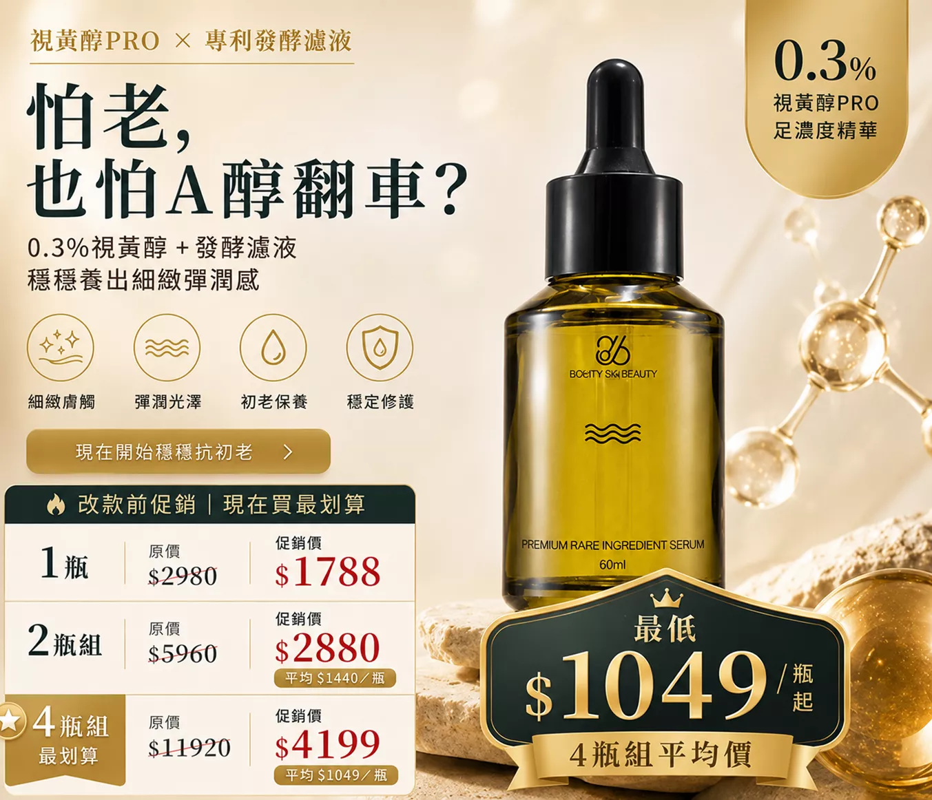 時光賦能精華液 60ml｜4瓶組平均$1049/瓶