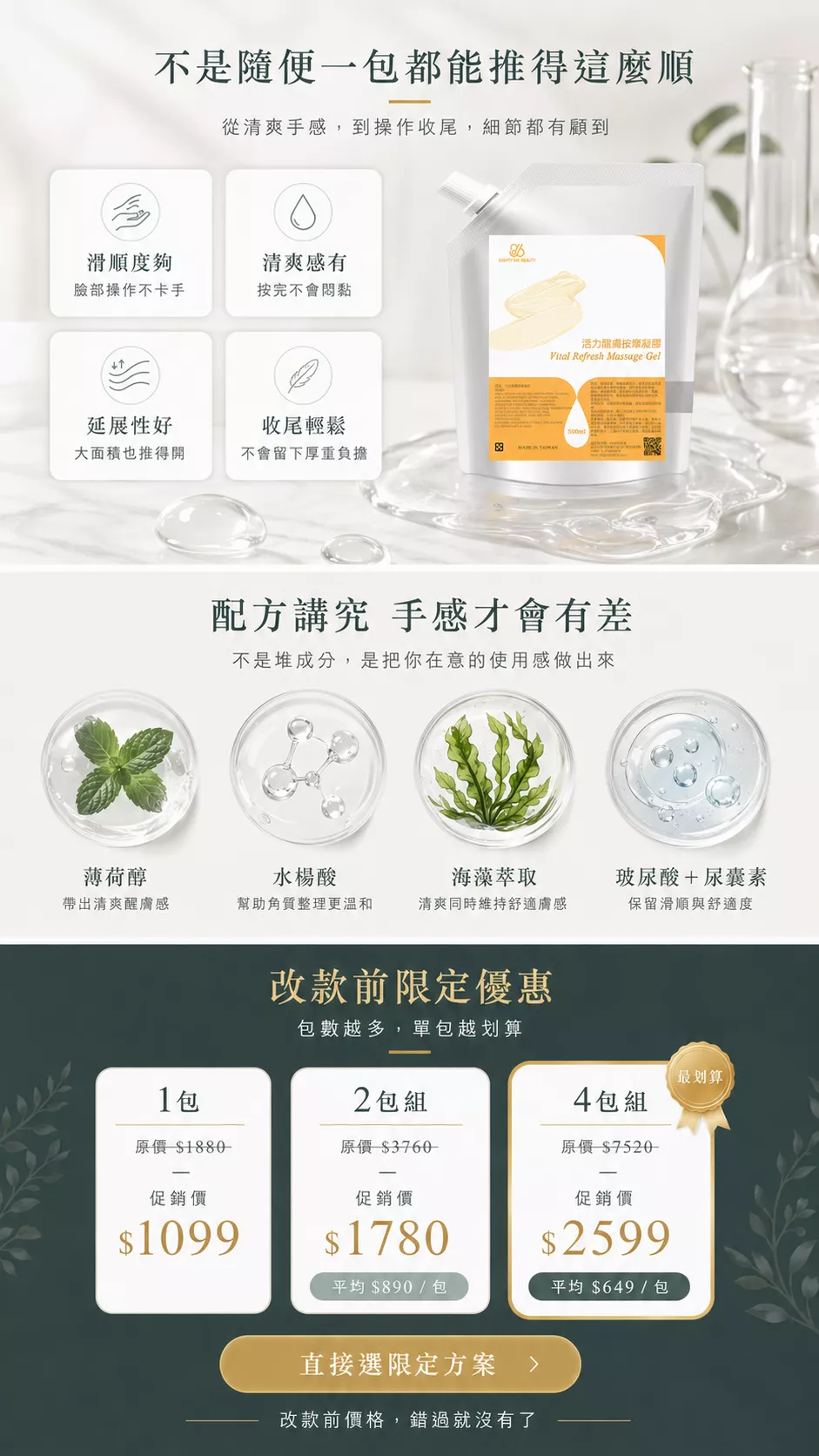 活力醒膚按摩凝膠說明滑順度、清爽感、延展性與成分重點，包含薄荷醇、水楊酸、海藻萃取、玻尿酸與尿囊素，適合店內操作與課程練習。
