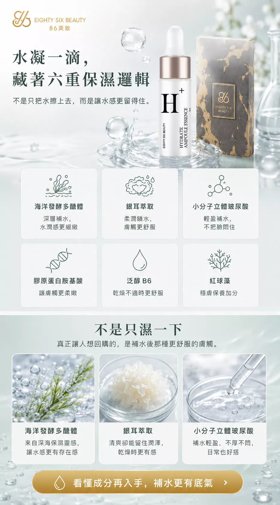 水凝時光精萃 H+ 安瓶成分介紹，包含海洋發酵多醣體、紅球藻、銀耳萃取物、膠原蛋白胺基酸、玻尿酸與泛醇 B6。