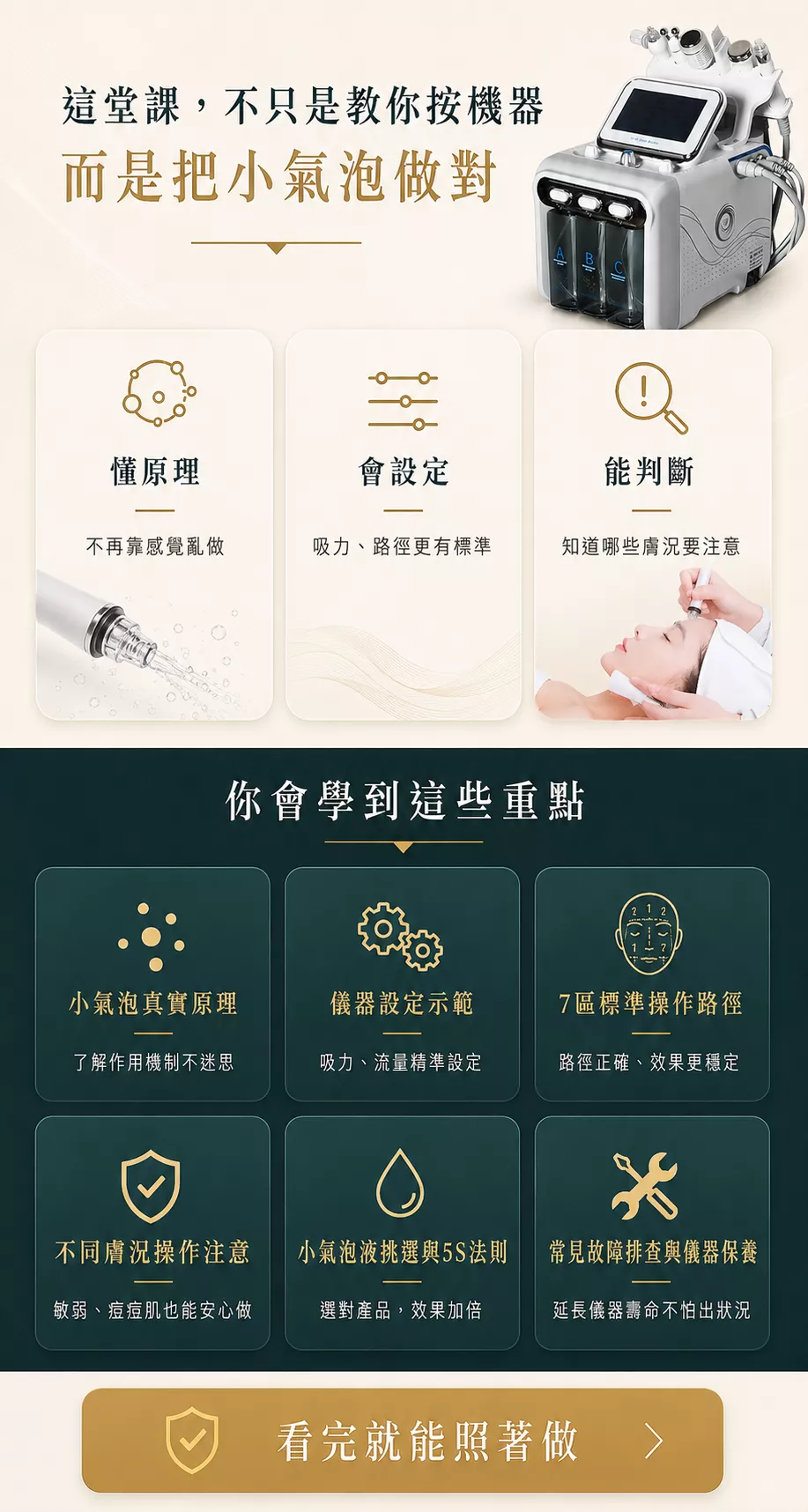 小氣泡線上課內容說明，包含小氣泡原理、儀器設定示範、7區標準操作路徑、不同膚況注意事項與常見故障排查。