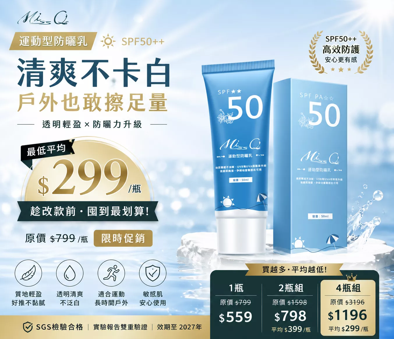 運動型防曬乳 SPF50++｜最低$299/瓶