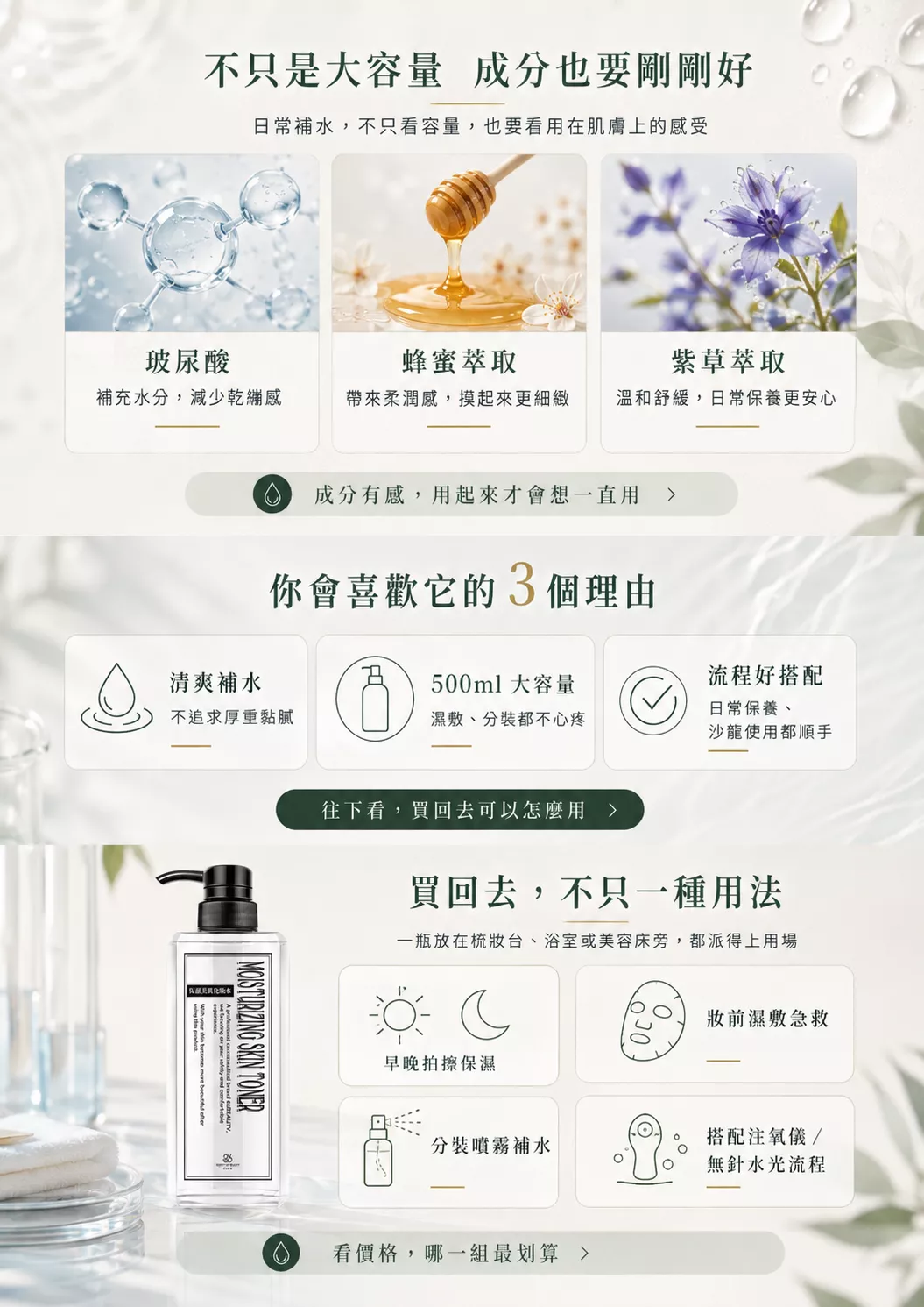 保濕美肌化妝水含玻尿酸、蜂蜜萃取與紫草萃取，可用於早晚拍擦、妝前濕敷、分裝噴霧與沙龍補水流程。