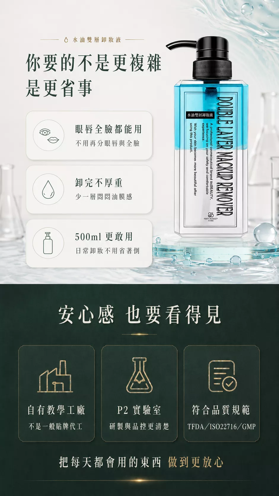 水油雙層卸妝液標示台灣製造，頁面列有 TFDA 化粧品登錄、ISO22716 與 GMP 規範，購買前可確認商品資訊。