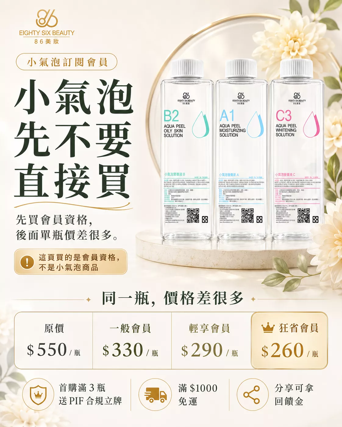 小氣泡訂閱會員-86美妝小氣泡營養液A1、B2、C3會員價與原價比較-86美妝