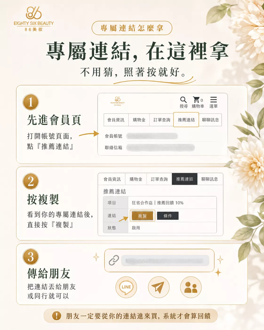 小氣泡會員專屬連結-會員頁複製推薦連結並分享給朋友累積回饋-86美妝