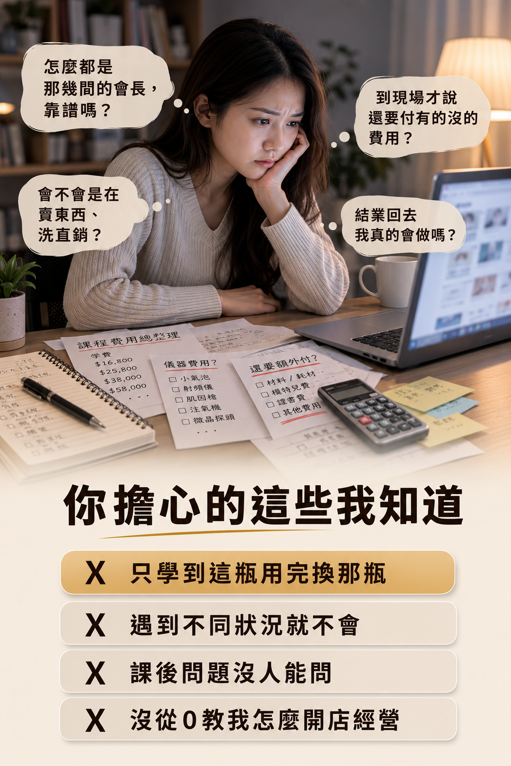 皮膚管理課程費用怎麼選|新手美容師開店前最怕的4件事|86美妝 皮膚管理課程-新手美容師在桌前比較學費與儀器耗材費,擔心隱藏費用、課後輔導與開店經營-86美妝