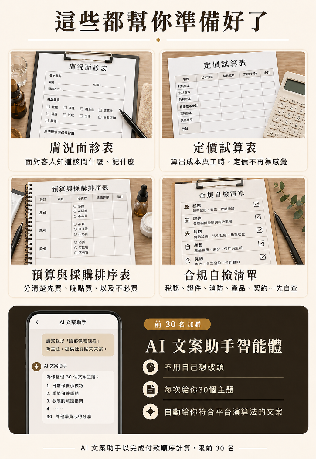 皮膚管理課程開店工具|面診表、定價試算與AI文案助手|86美妝 皮膚管理課程工具-86美妝提供膚況面診表、定價試算表、預算採購排序表、合規自檢清單與AI文案助手,幫新手美容師準備開店經營