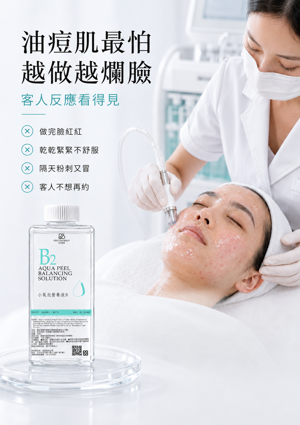86美妝 B2 小氣泡營養液B 油痘肌護理情境圖，說明小氣泡／水飛梭操作後常見的泛紅、乾燥緊繃、粉刺冒出與回購意願下降等美容店家痛點