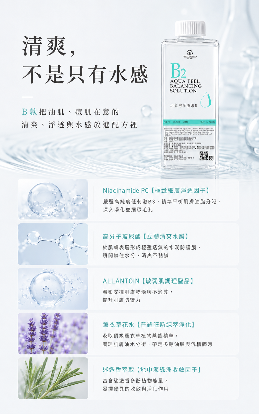 86美妝 B2 小氣泡營養液B 成分說明圖，專為油肌與痘肌設計，含 Niacinamide PC、高分子玻尿酸、尿囊素、薰衣草花水與迷迭香萃取