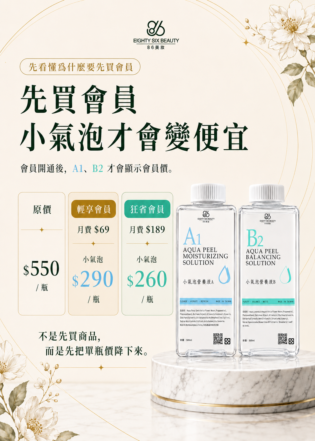 86美妝小氣泡會員價格說明，A1、B2小氣泡營養液原價每瓶550元，輕享會員月費69元會員價290元，狂省會員月費189元會員價260元
