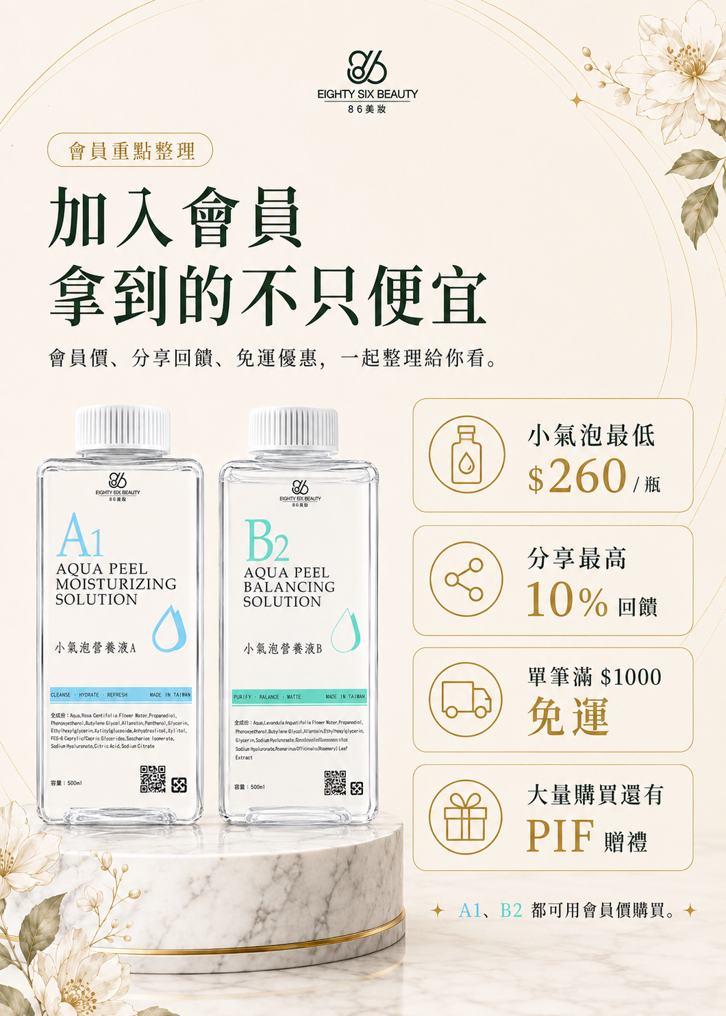 86美妝小氣泡會員權益說明，A1、B2小氣泡營養液會員價最低每瓶260元，分享最高10%回饋，單筆滿1000元免運，大量購買另有PIF贈禮
