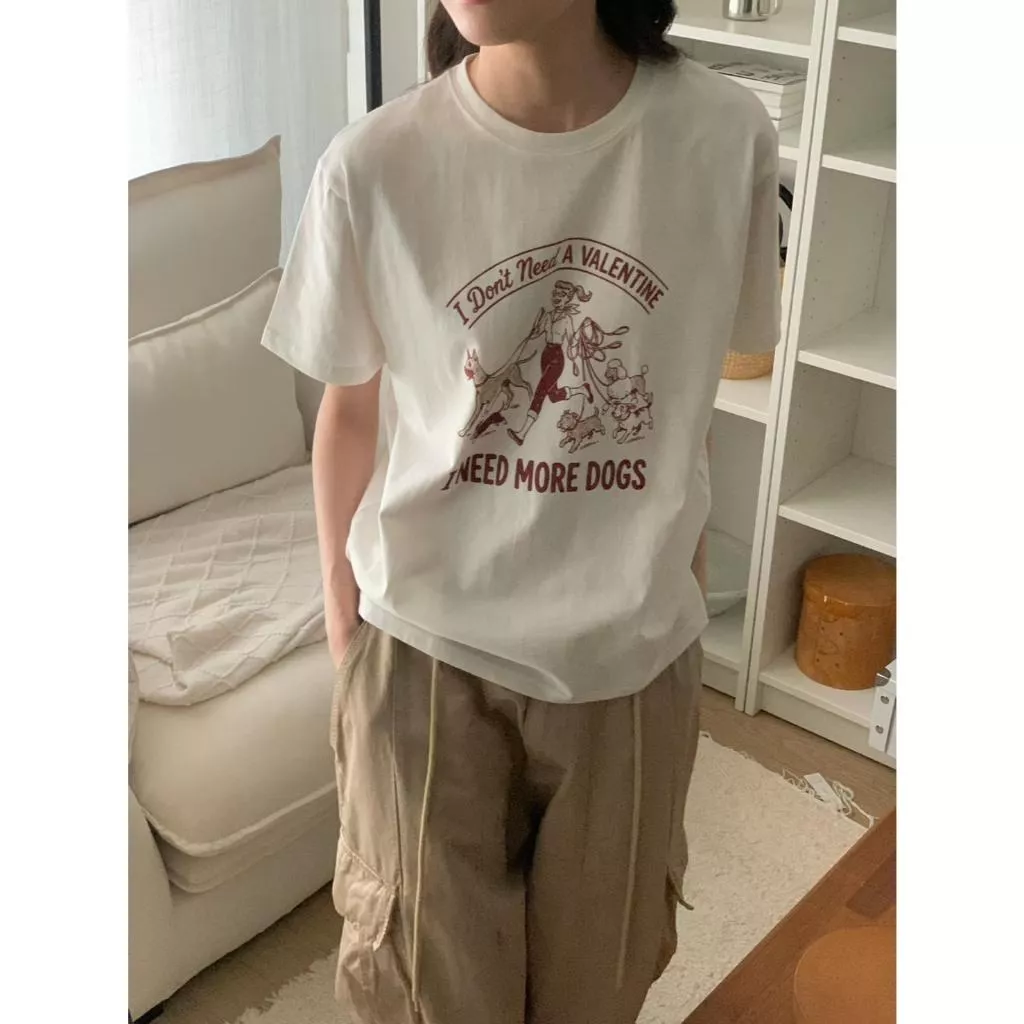 FI  復古狗狗印花短袖T 寬鬆百搭上衣 純綿T