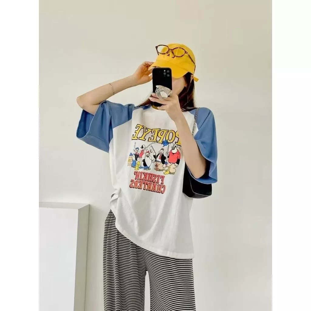 Triple H Seoul ·韓國代購 正韓N9C 撞色落肩 POPEYE 插畫寬鬆T恤