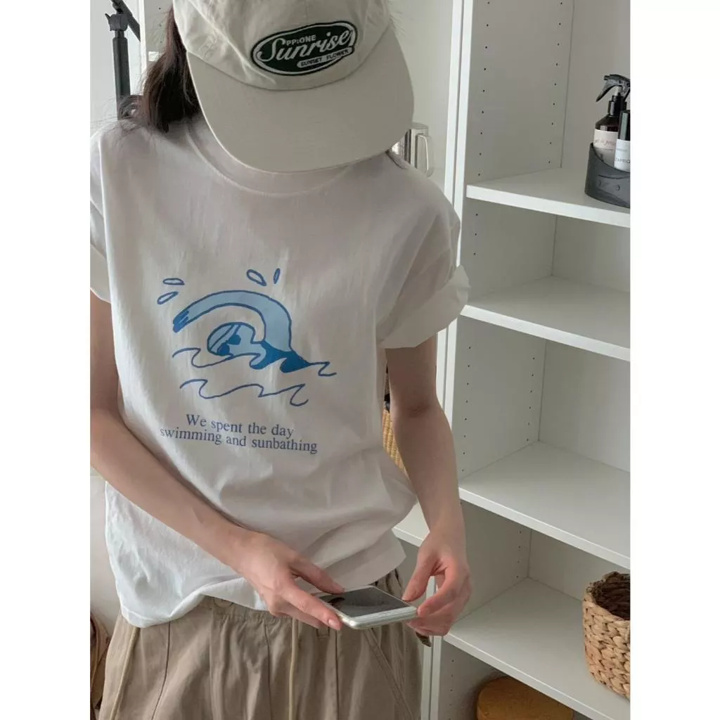 fiv 海浪插畫寬版短袖T恤 寬鬆 純綿t 游泳 