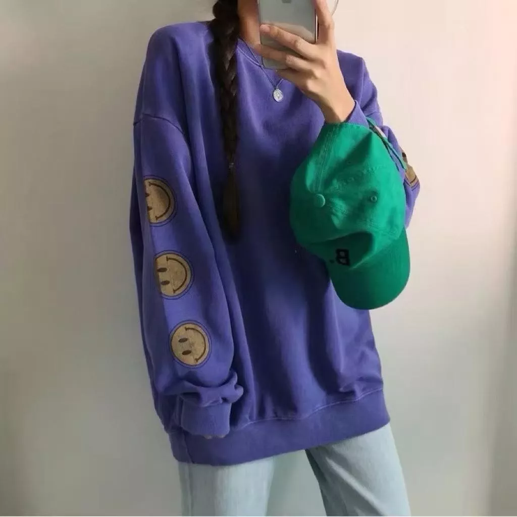水洗 做舊風 笑臉 寬鬆 男女 中性 長版 OVERSIZE 大學T