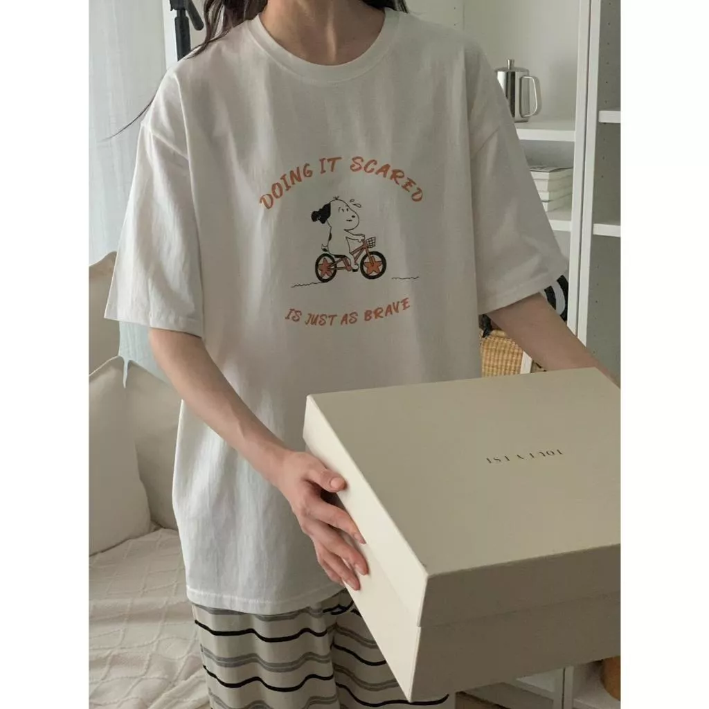 FI 狗狗騎車印花短袖T 寬鬆百搭上衣 長版純綿T