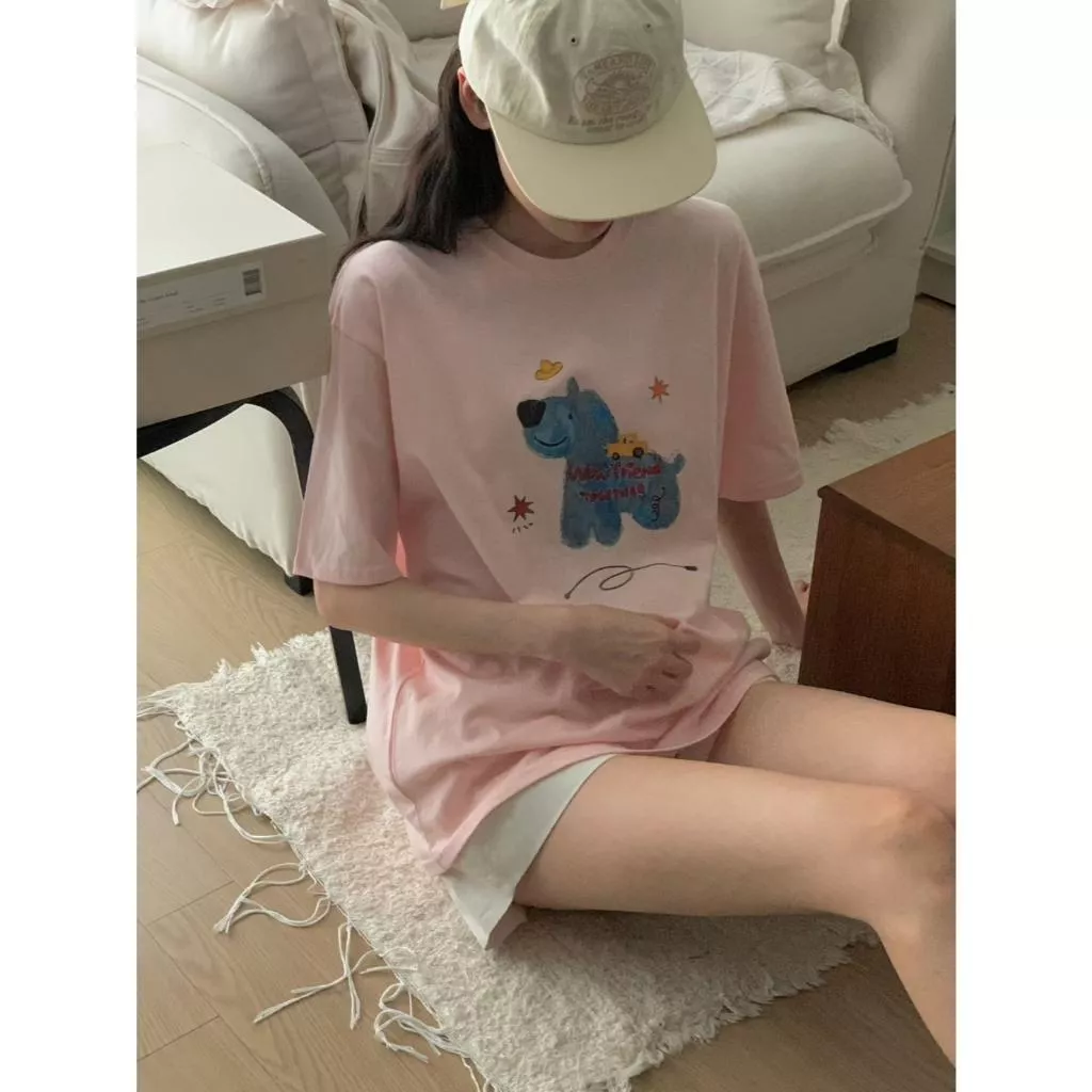 FI 狗狗印花短袖T 寬鬆百搭上衣 長版純綿T 