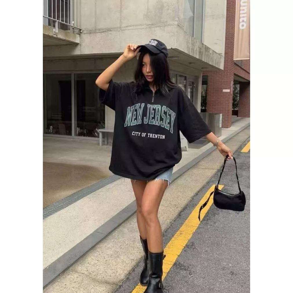 MI 拉鍊POLO領短袖T恤 美式字母寬鬆長版顯瘦下身失蹤上衣大T