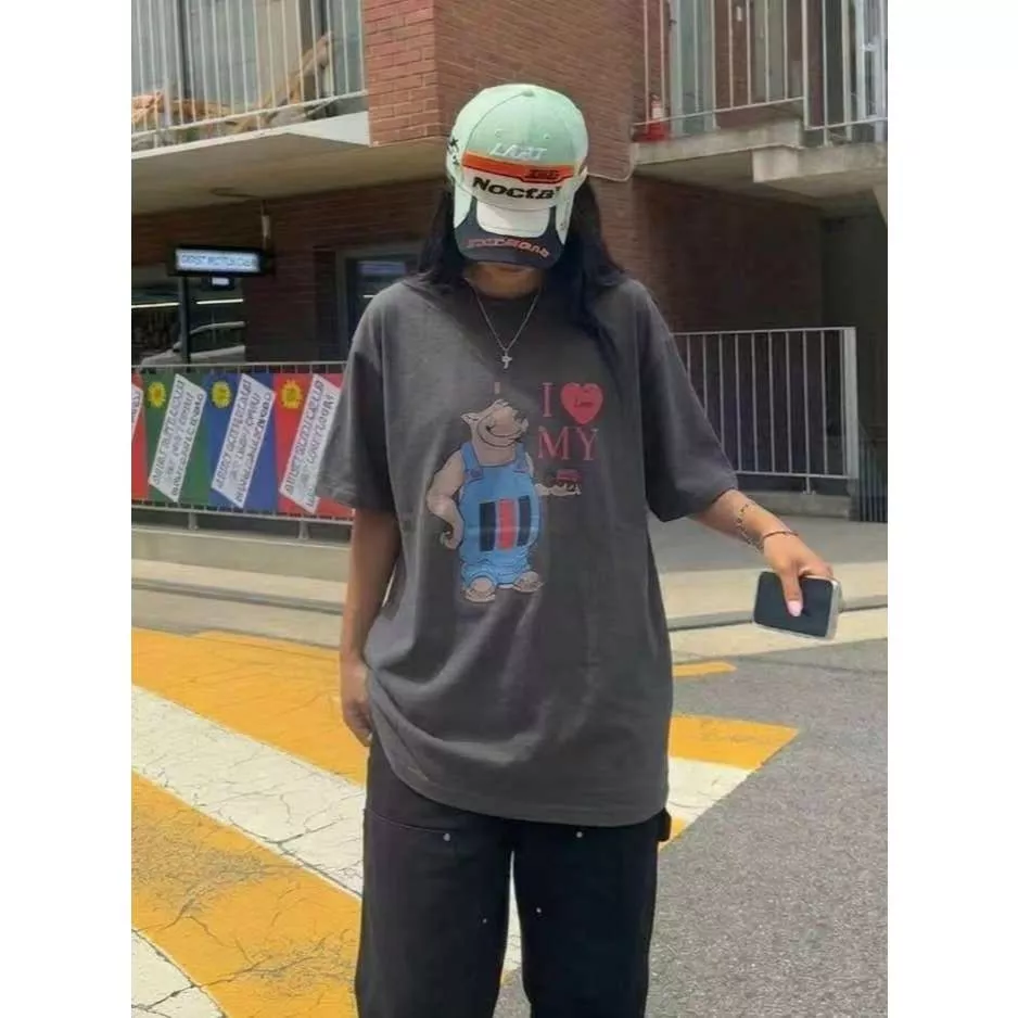 MI 愛心熊印花寬版短袖t恤 長版 寬鬆 純綿T 街頭 大t 中性