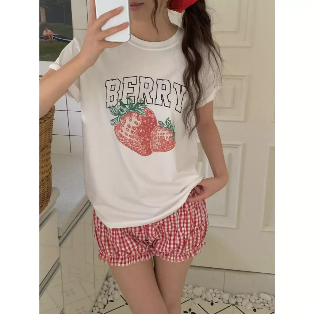 ob 草莓印花短袖T恤 女生修身棉質上衣 夏季 韓國 莫代爾製
