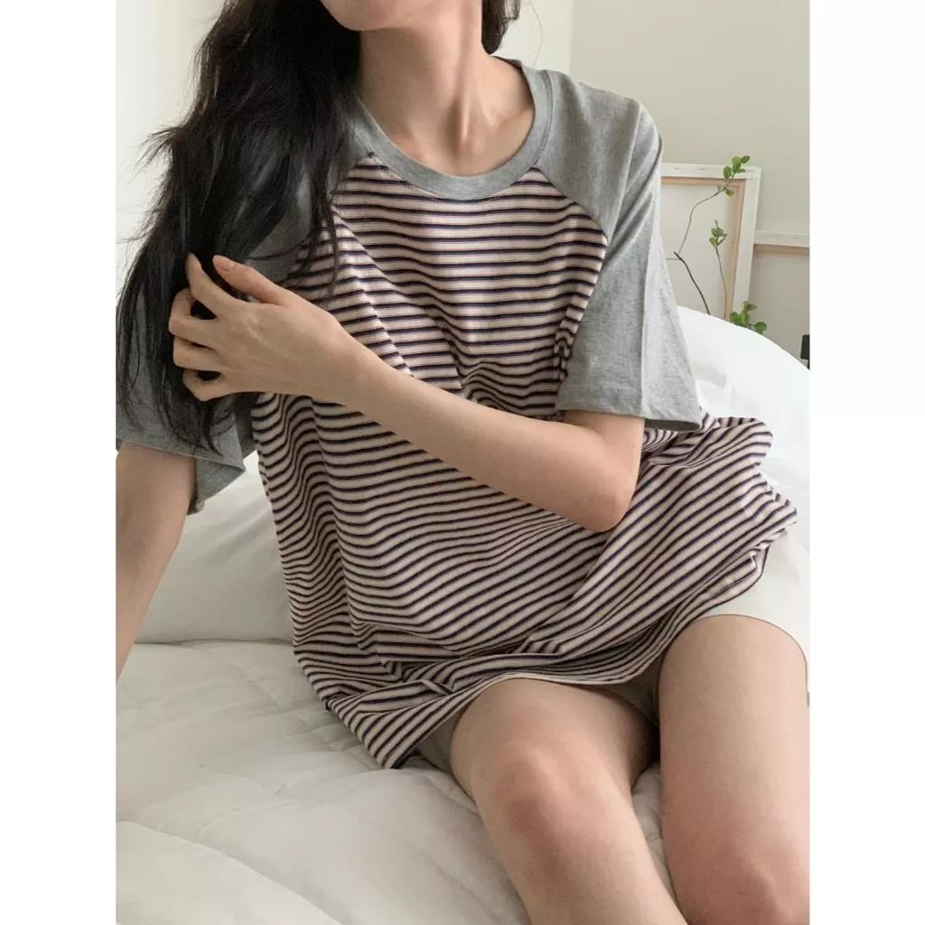 fiv 插肩袖條紋寬版短袖T恤 韓系慵懶風  中性 棒球 橫條