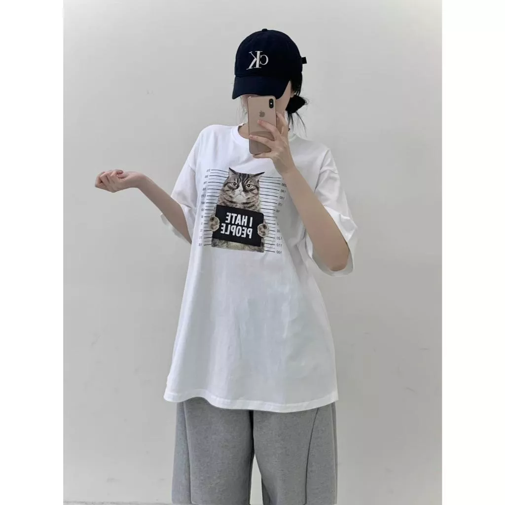 506 貓咪印花寬版短袖T恤中性長版寬鬆 純綿T 街頭