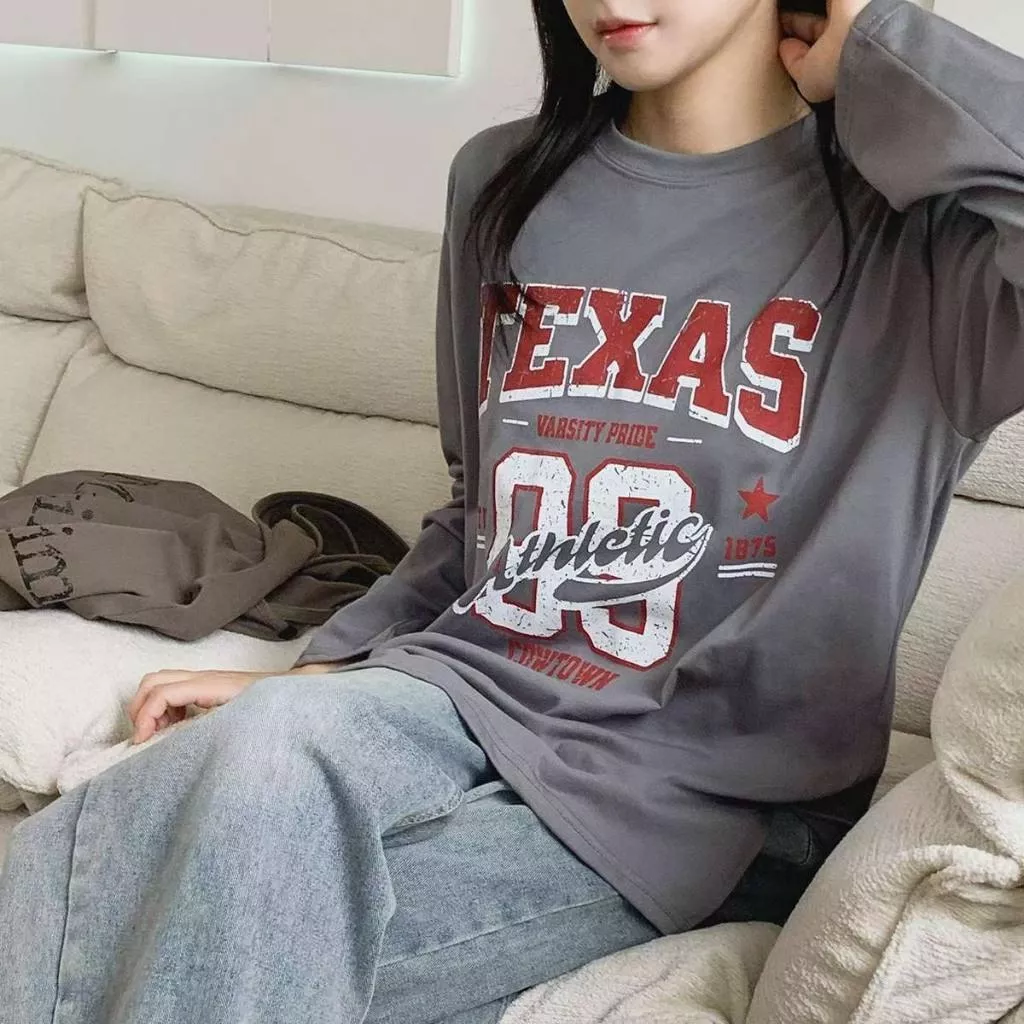 gr TEXAS 美式字母長袖T 落肩寬鬆上衣機 休閒復古