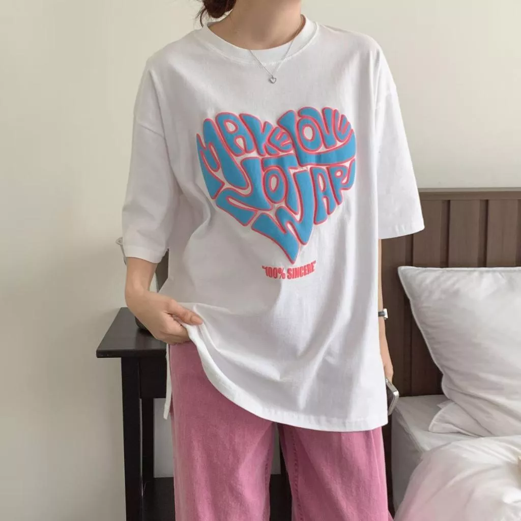 gr 愛心印花寬鬆短袖 Tee 開叉 跳色 長版 純綿 落肩