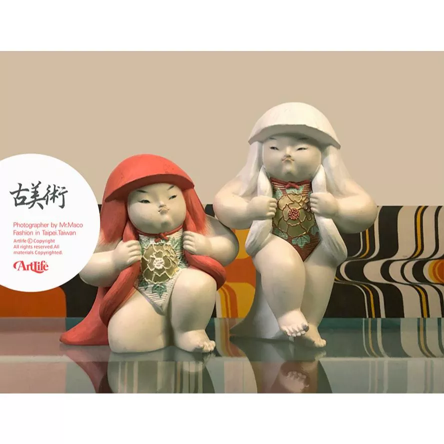 Artlife @ 博多人形 紅白 わらべ どうじ 和風 童子 腹掛け 縁起物 収蔵品 古美術 日本紅白童子