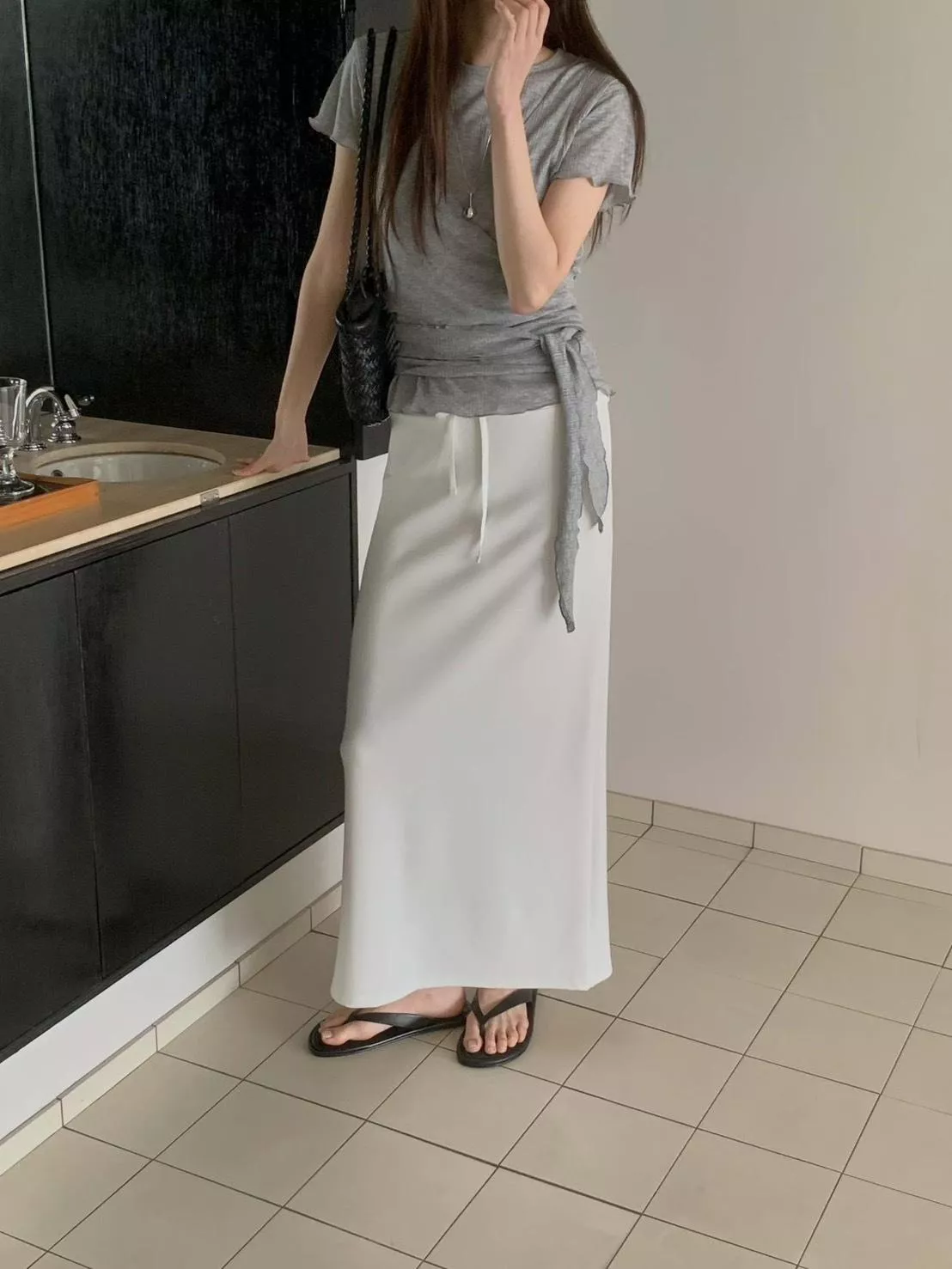 腰綁帶直筒長裙