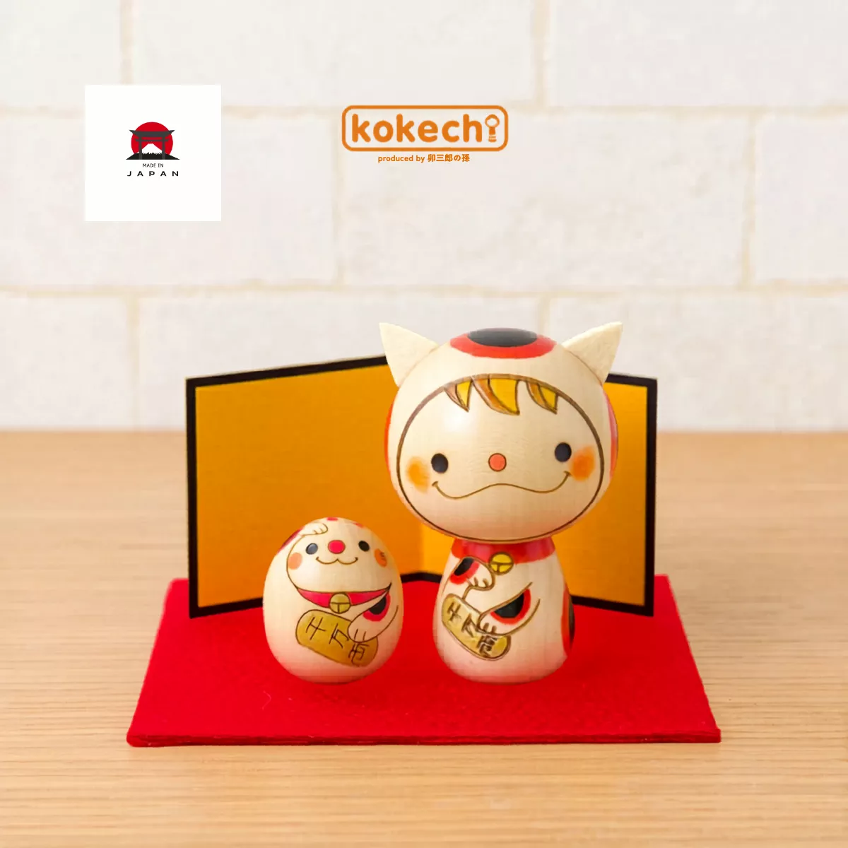 Kokechi。手工木作招財貓こけし吉祥擺飾兩件組