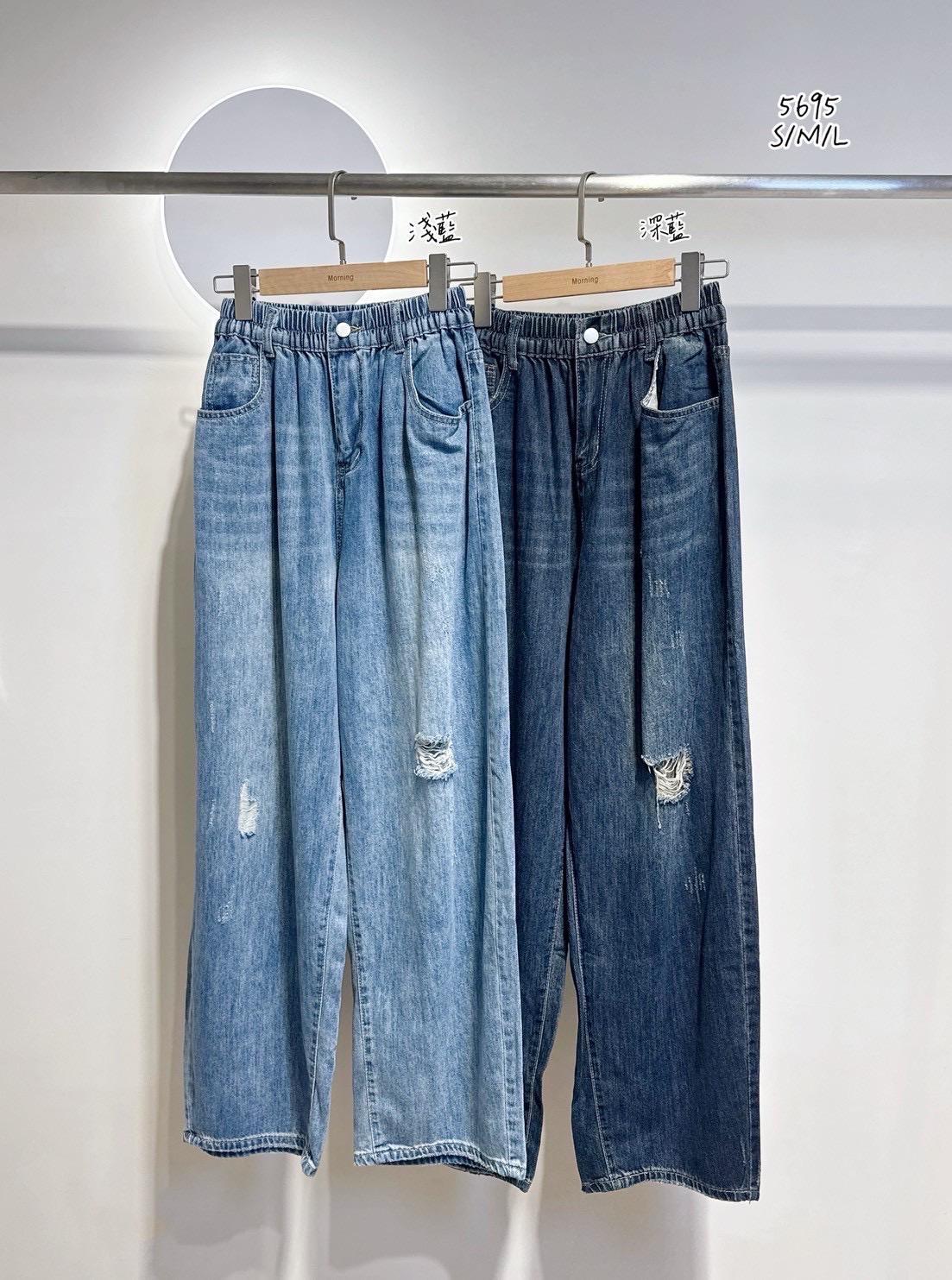👖全鬆緊天絲薄款挺版牛仔寬破褲🫐