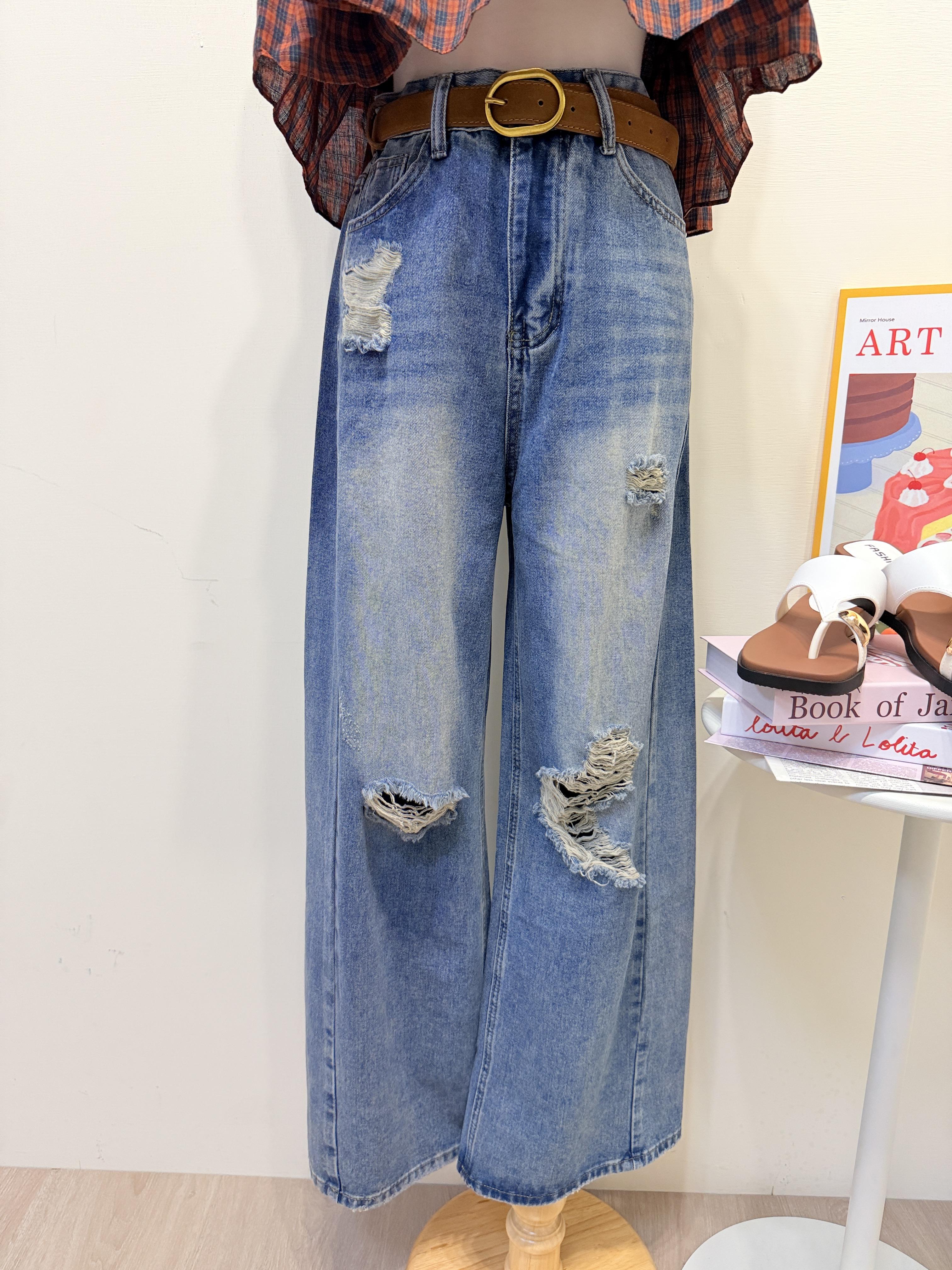 態度女孩👖水洗刷破顯瘦牛仔寬褲