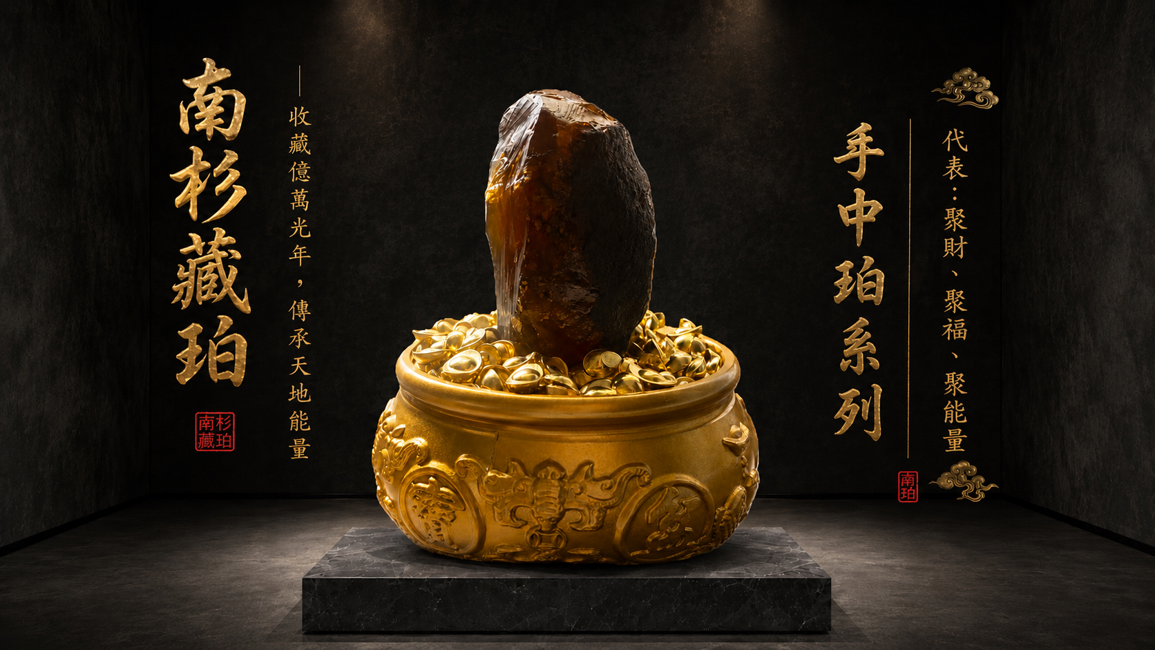 【手中珀】藍珀招財聚寶盆 (藍珀+小金元寶+聚寶盆)